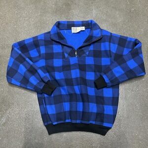 Iron Wood Trading Company Sweatshirt Mens Large Blue Plaid Quarter Zip Fleece